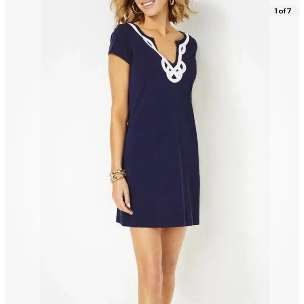 Lilly Pulitzer 100% Pima cotton Brewster Dress True Navy White Rope V Neck Sz M